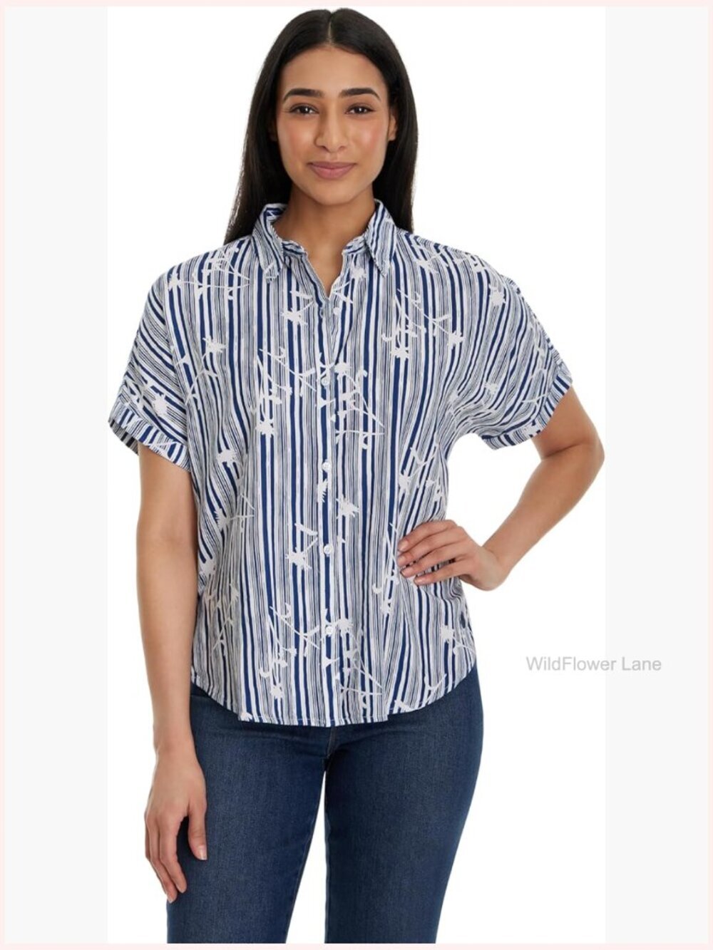 Cuffed Short Sleeve Blouson Button Down Shirt with High Low Hem